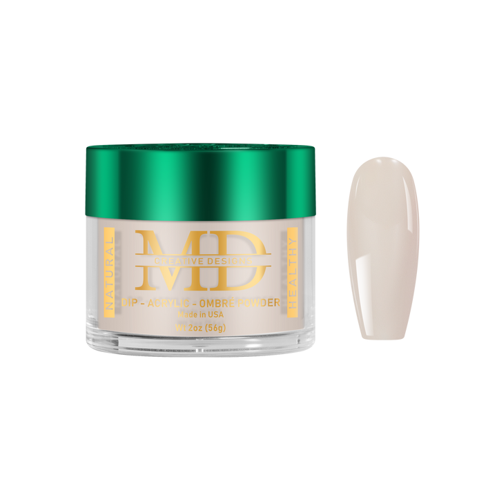 Jar of MD powder with a green lid and gold text, next to a cream nail tip color swatch on a white background.