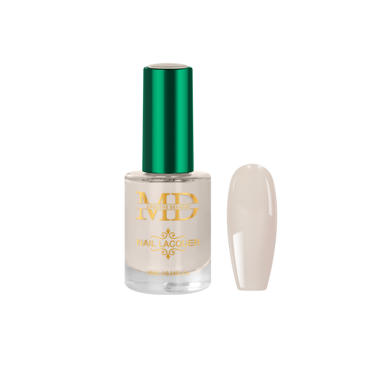 Nail polish bottle with green cap and gold label on a white background
