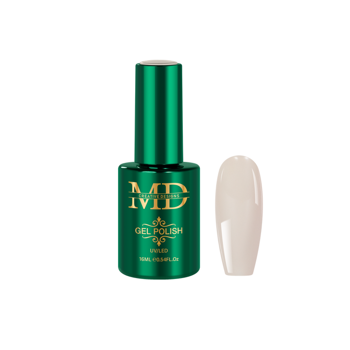 Green gel polish bottle with a white nail tip color swatch on a white background