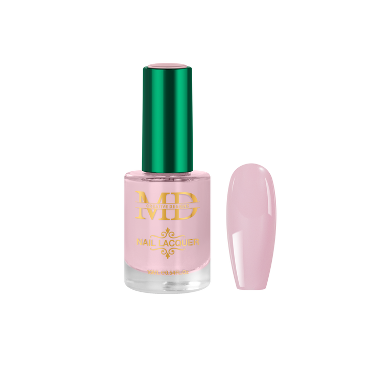 Pink nail polish bottle with green cap on a white background