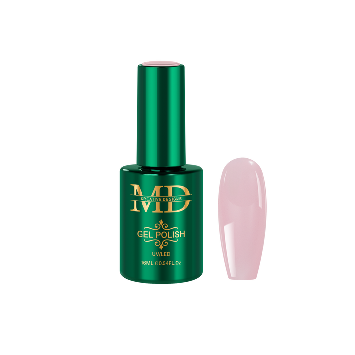 Green gel polish bottle with a pink nail tip color swatch on a white background