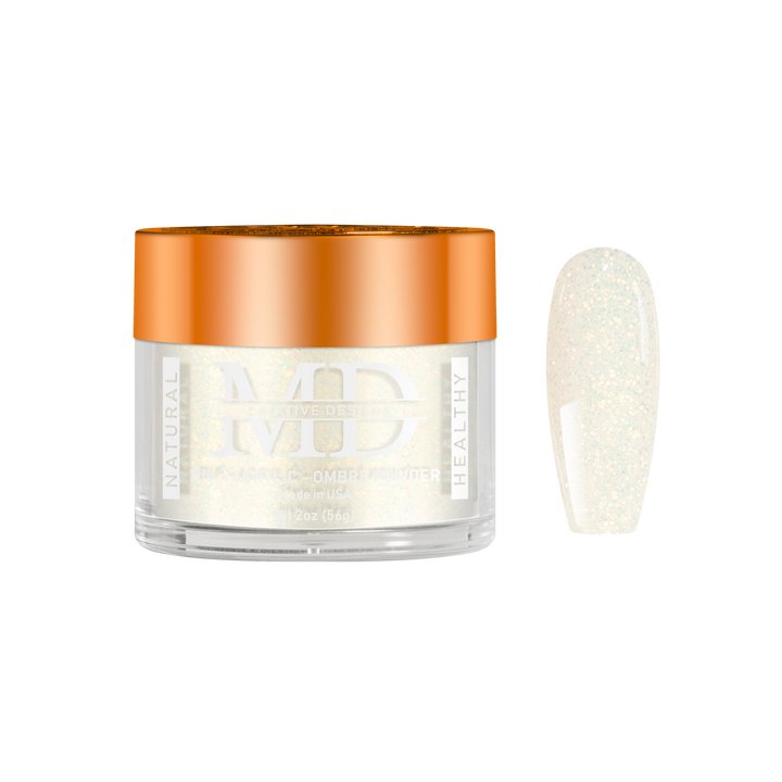 Jar of cream nail powder with an orange lid and a nail tip swatch on a white background