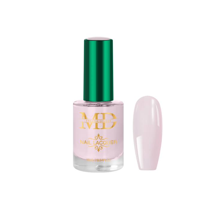 Nail polish bottle with green cap and pink polish on a white background