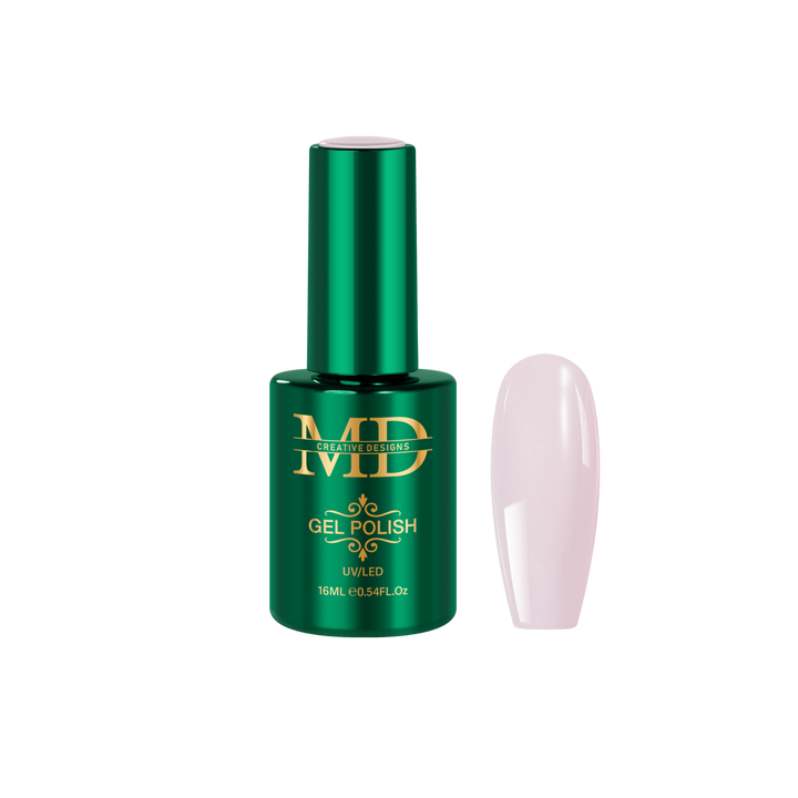 Green gel polish bottle with a white nail tip color swatch on a white background