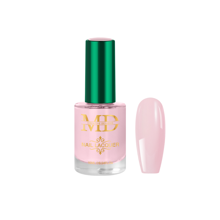 Pink nail polish bottle with green cap on a white background