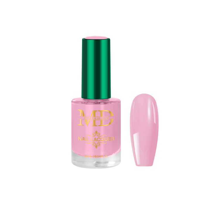 Pink nail polish bottle with green cap on a white background