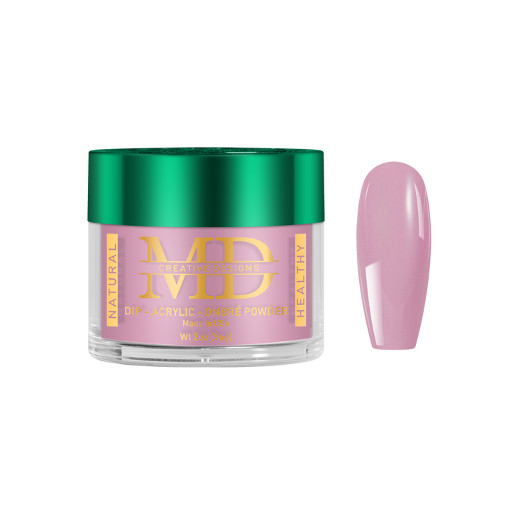 Jar of MD acrylic nail powder with a pink nail tip color swatch on a white background