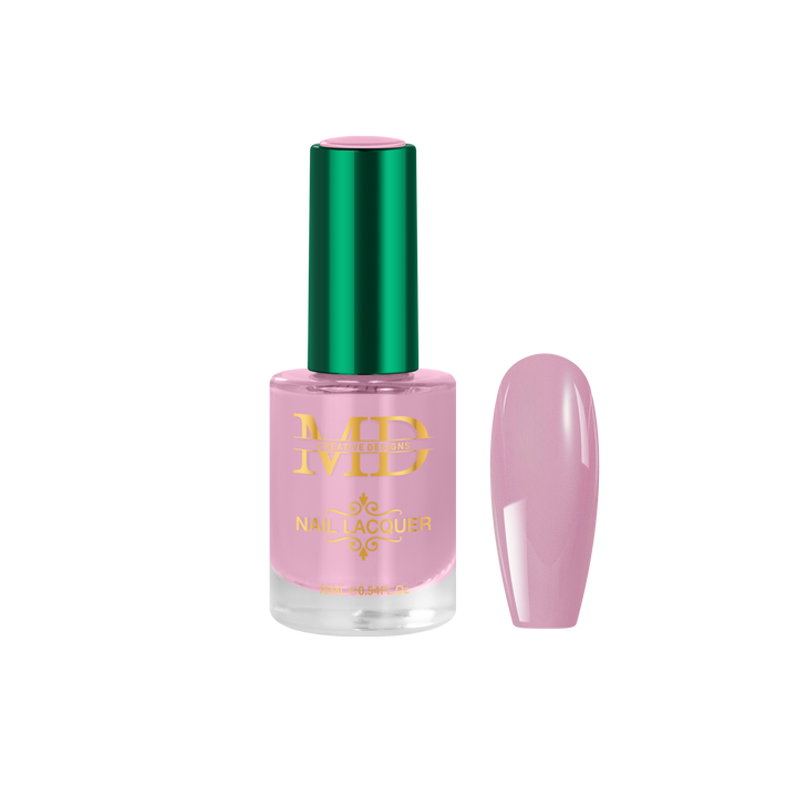 Pink nail polish bottle with green cap on a white background