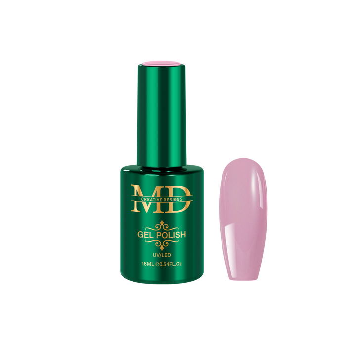 Green gel polish bottle with a pink nail tip color swatch on a white background