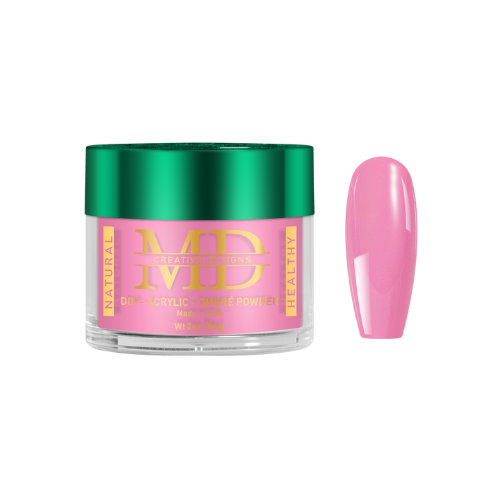 Jar of MD acrylic nail powder with a pink nail tip color swatch on a white background