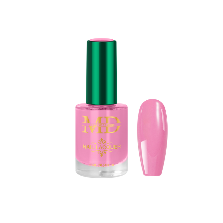 Pink nail polish bottle with green cap on a white background