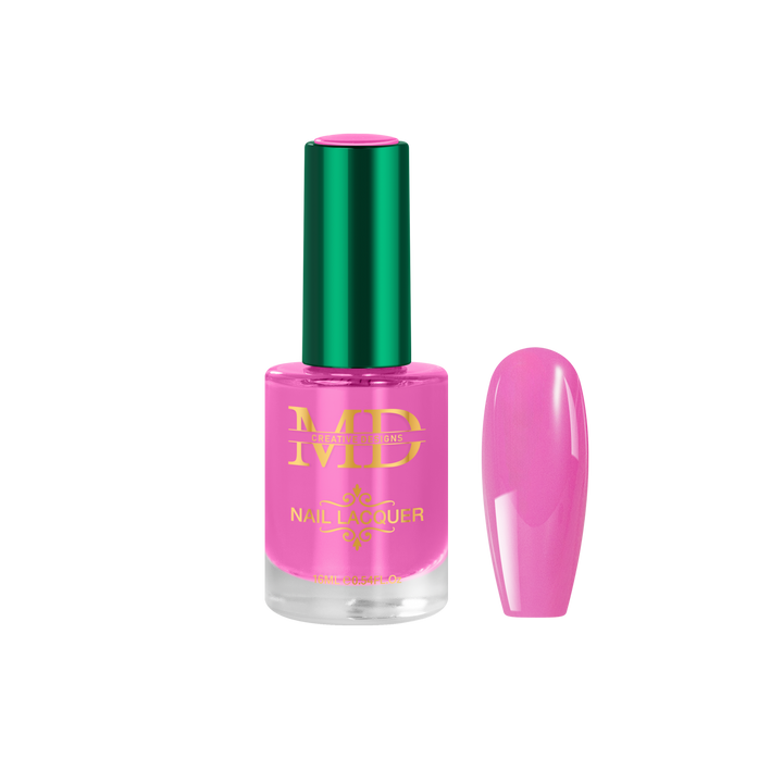Pink nail polish bottle with green cap on a white background