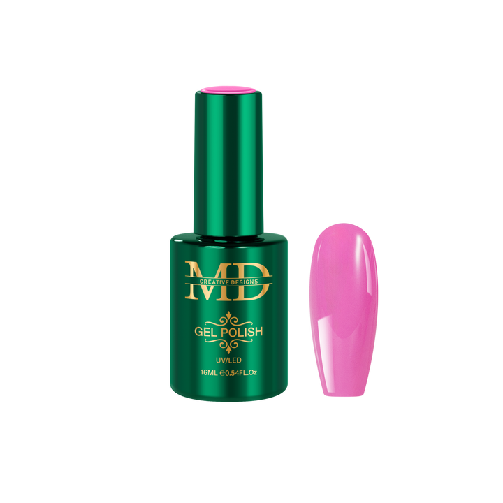 Green gel polish bottle with pink nail tip color swatch on a white background