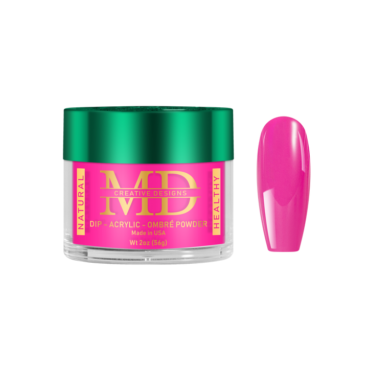 Jar of MD nail powder with a pink nail tip color swatch on a white background