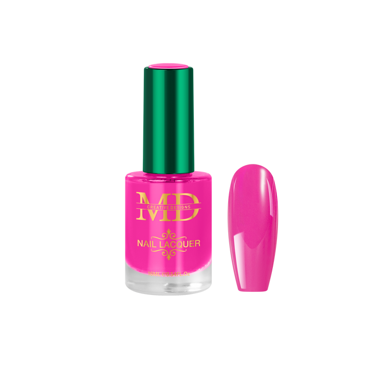 Pink nail polish bottle with green cap on a white background