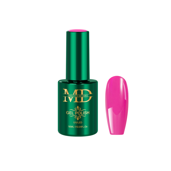 Green gel polish bottle with pink nail tip color swatch on a white background
