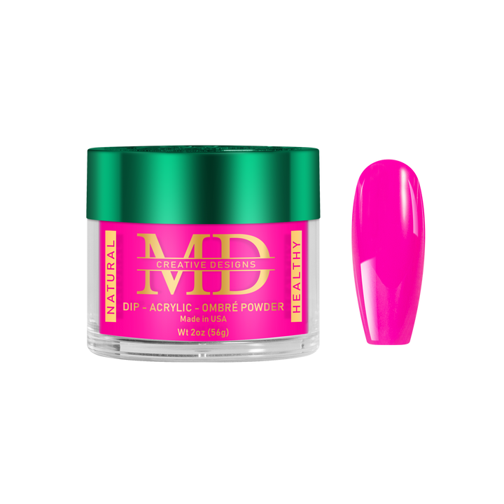 Pink nail powder in a container with a matching pink nail tip color swatch on a white background