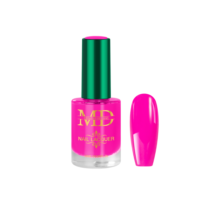 Pink nail polish bottle with green cap and matching pink nail tip color swatch on white background