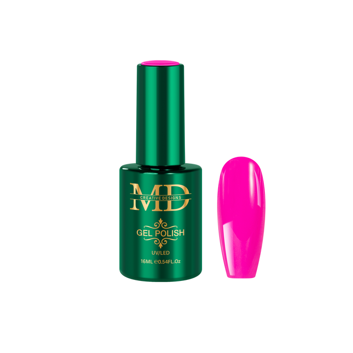 Green gel polish bottle with pink nail tip color swatch on a white background