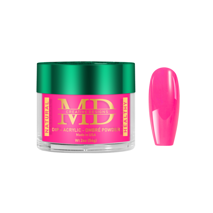 Jar of MD nail powder with a pink nail tip color swatch on a white background
