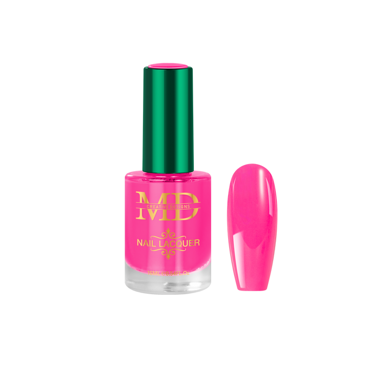 Pink nail polish bottle with green cap on a white background