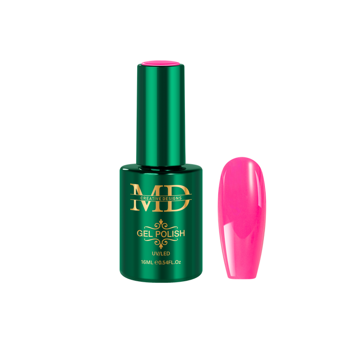 Green gel polish bottle with pink nail tip color swatch on a white background