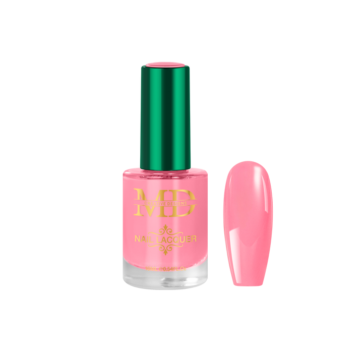 Pink nail polish bottle with green cap on a white background