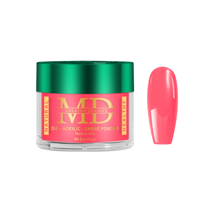 Jar of MD nail powder with a pink nail tip color swatch on a white background