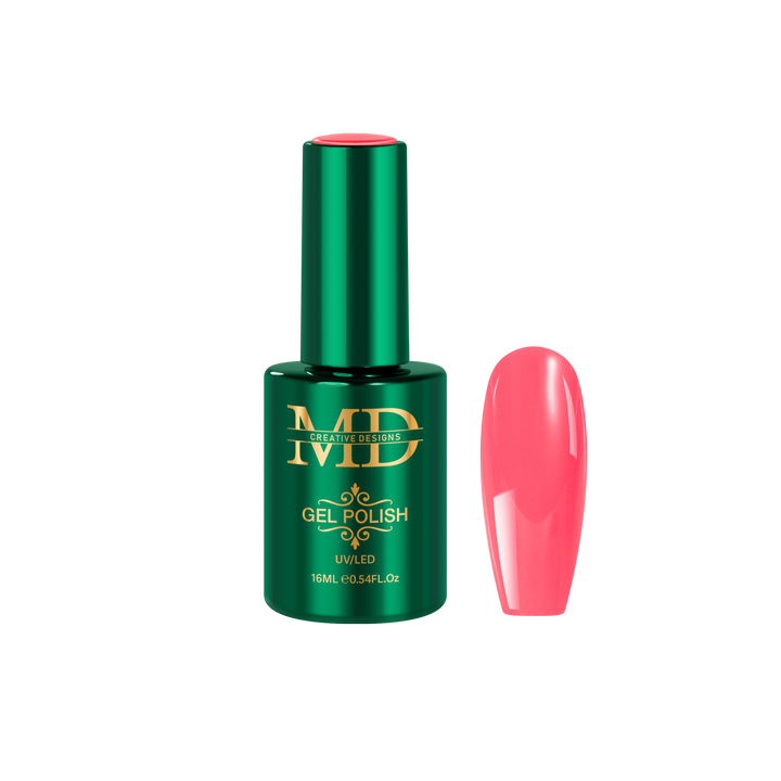 Green gel polish bottle with pink nail tip color swatch on a white background