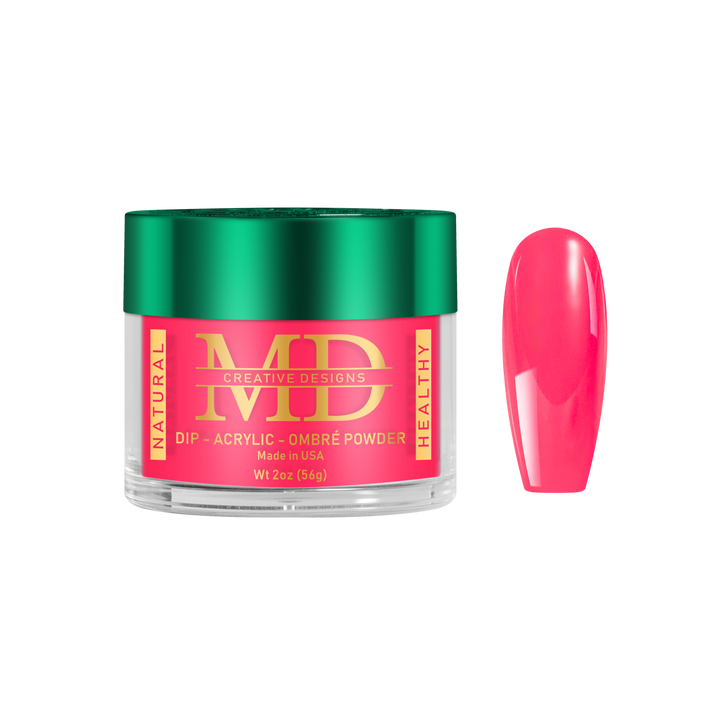 Jar of MD nail powder with a pink nail tip color swatch on a white background