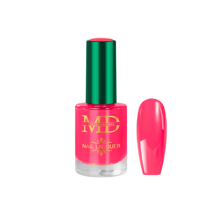 Pink nail polish bottle with green cap on a white background