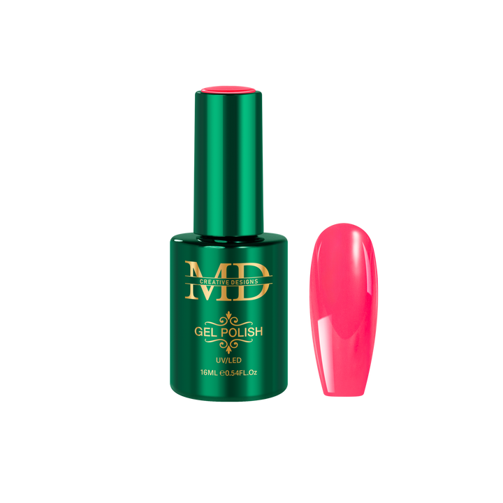 Green gel polish bottle with pink nail tip color swatch on a white background