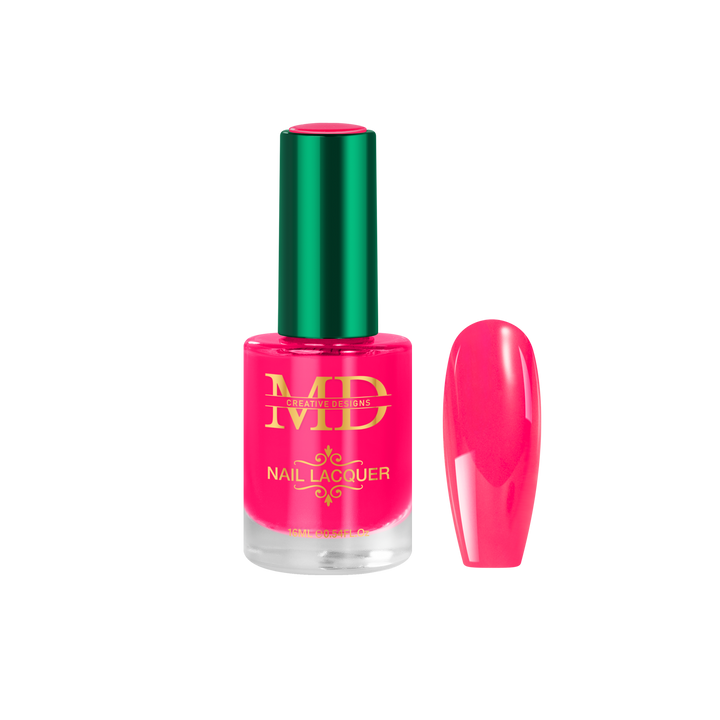 Pink nail polish bottle with green cap and matching nail tip color swatch on a white background