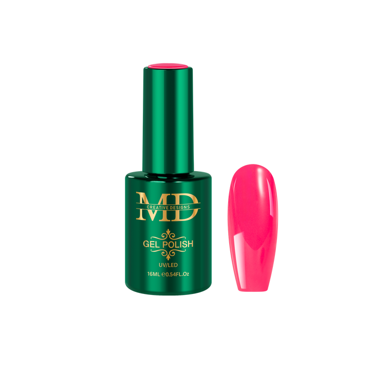 Green gel polish bottle with pink nail tip color swatch on a white background