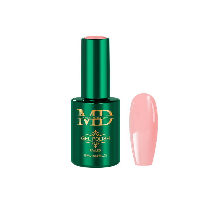 Green gel polish bottle with a pink nail tip color swatch on a white background