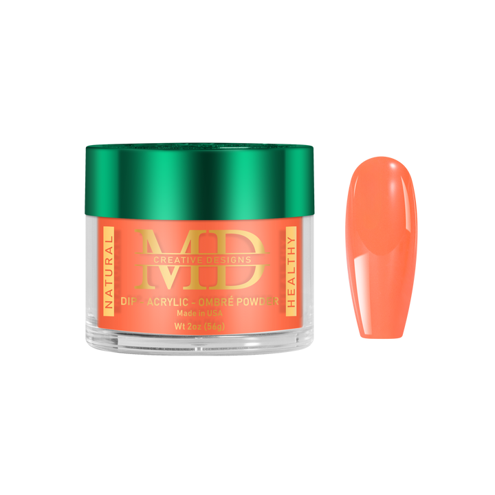 Jar of MD nail powder with an orange-colored nail tip color swatch on a white background