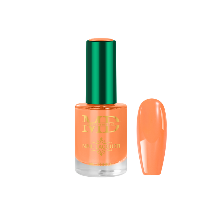 Orange nail polish bottle with green cap on a white background