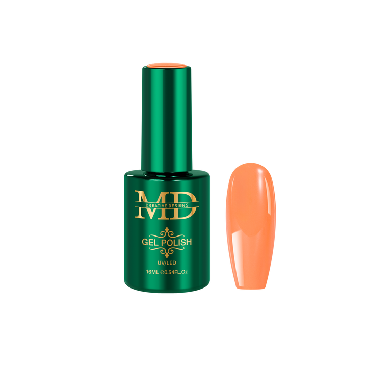 Green gel polish bottle with a color swatch of orange nail polish on a white background