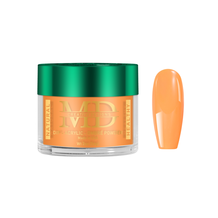 Jar of MD acrylic powder with a nail tip of orange color on a white background