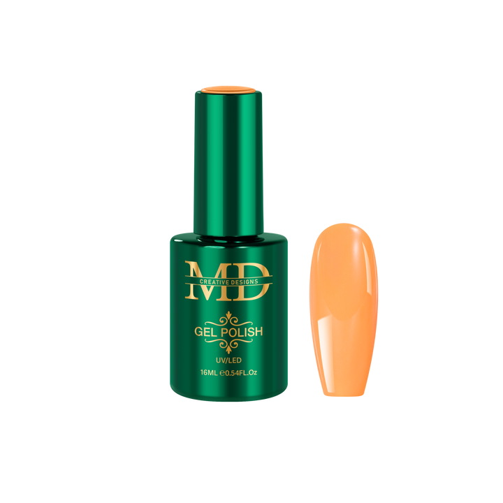 Green gel polish bottle with a color swatch of light orange nail polish on a white background