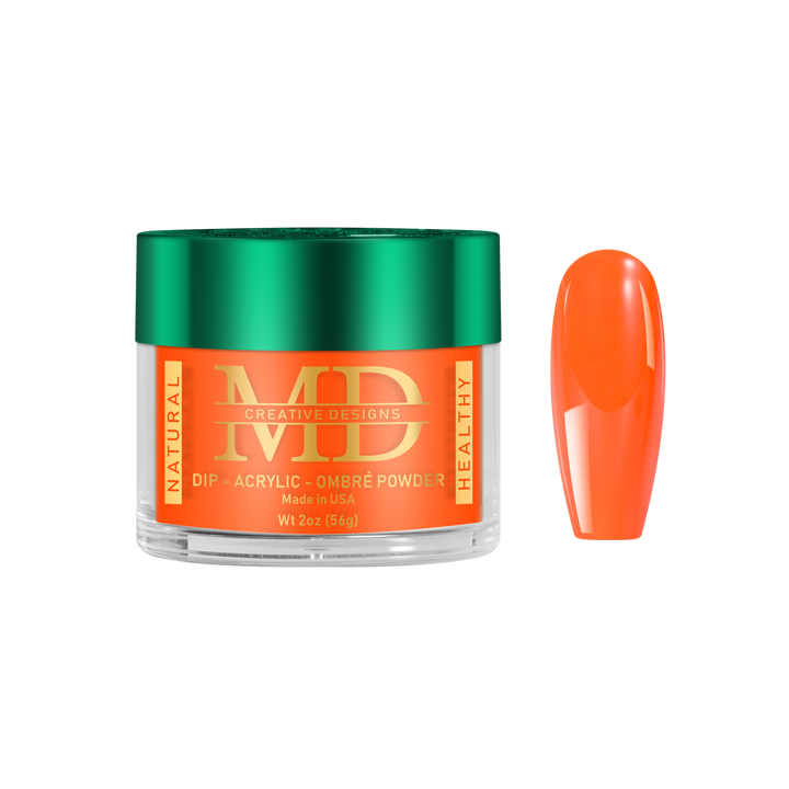 Jar of MD nail powder with an orange nail tip color swatch on a white background