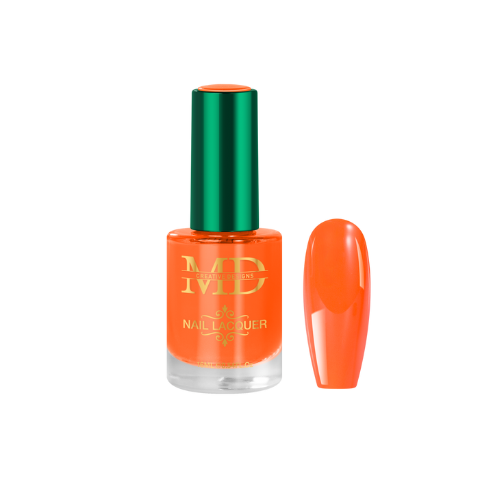 Orange nail polish bottle with green cap on a white background