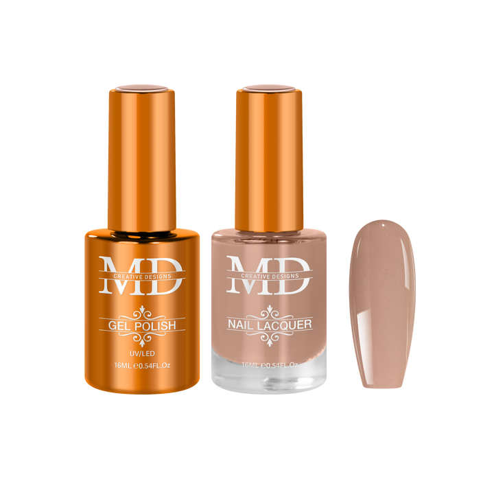 Two nail polish bottles with a beige nail tip swatch on a white background