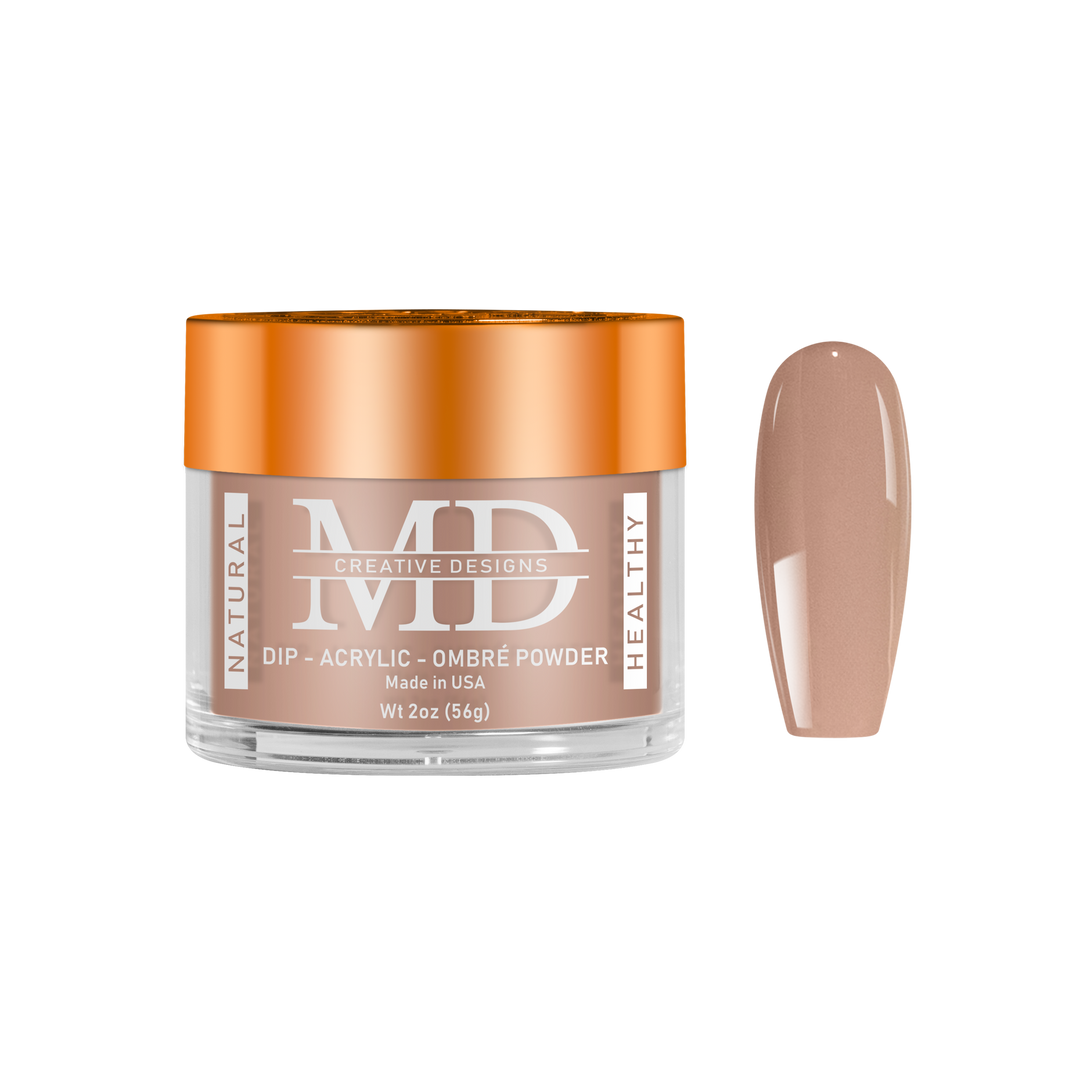 Jar of MD nail powder with a matching nail color swatch on a white background