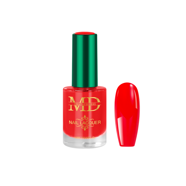 Red nail polish bottle with green cap on a white background