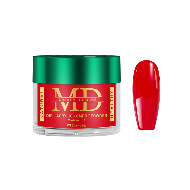 Red nail powder container with green lid and a red nail tip color swatch on a white background