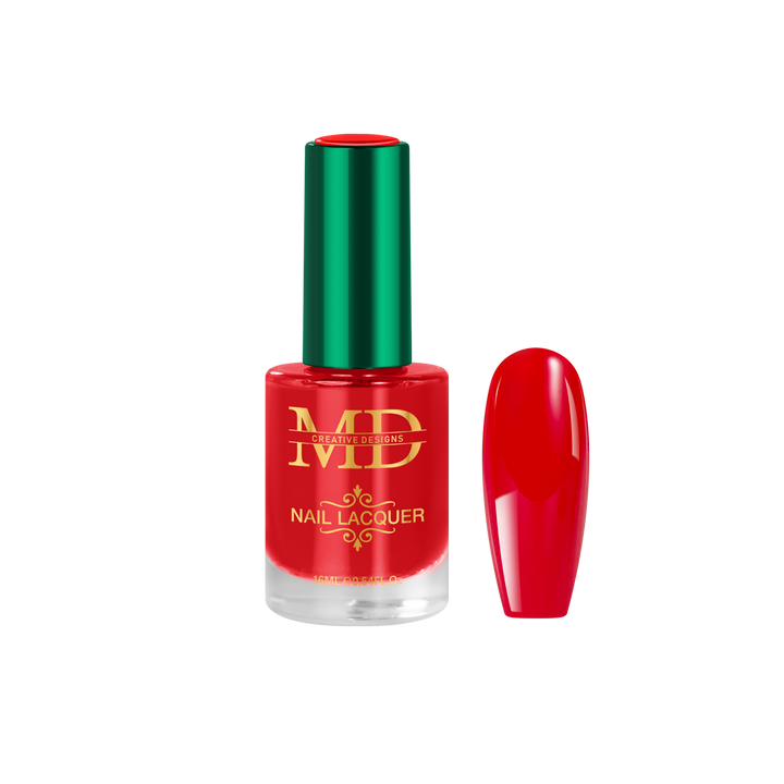 Red nail polish bottle with green cap on a white background