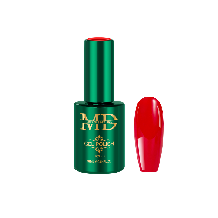 Green gel polish bottle with red nail tip color swatch on a white background