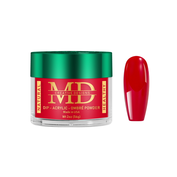 Red nail powder in a container with a matching red nail tip color swatch on a white background