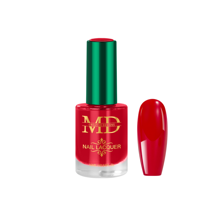 Red nail polish bottle with green cap on a white background